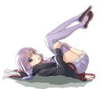  1girl :o bangs blue_eyes flats from_side hood hoodie legs_up light_smile long_hair looking_at_viewer low_twintails lying on_back open_clothes open_hoodie oweee purple_hair purple_legwear ribbed_legwear shadow simple_background solo suspenders thigh-highs thighs twintails vocaloid voiceroid white_background yuzuki_yukari 