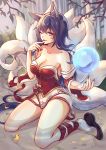  1girl ahri animal_ears az_(zero_glvimayhop) bare_shoulders black_hair breasts cleavage detached_sleeves energy_ball facial_mark fingernails fox_ears fox_tail highres korean_clothes large_breasts league_of_legends lips long_hair looking_at_viewer multiple_tails nail_polish one_eye_closed red_nails slit_pupils solo tail water whisker_markings yellow_eyes 