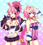 2girls ;d aqua_background belt black_skirt blue_bow blue_eyes bow bracelet braid breasts choker cleavage collarbone cowboy_shot crown disgaea feather_boa gradient gradient_background heart heart_background jewelry lololotton long_hair makai_senki_disgaea_4 makai_senki_disgaea_5 medium_breasts mini_crown miniskirt multiple_girls necktie one_eye_closed open_mouth pink_background pink_hair pointy_ears ponytail red_necktie seraphina_(disgaea) short_hair short_shorts shorts sidelocks skirt smile violet_eyes vulcanus_(disgaea_4) wings wrist_cuffs 