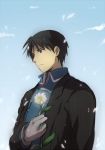  1boy black_eyes black_hair clouds coat daisy eyebrows_visible_through_hair feathers flower fullmetal_alchemist gloves glowing_flower hand_on_own_chest looking_away looking_down riru roy_mustang sad shaded_face short_hair sky solo_focus uniform 
