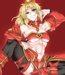  1girl abs ao_(time-leap) armpits bare_shoulders black_legwear blonde_hair breasts detached_sleeves fate/grand_order fate_(series) grin high_heels looking_at_viewer navel raised_eyebrow red_background saber_of_red short_hair simple_background smile solo thigh-highs thighs under_boob 