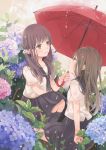  2girls bangs black_legwear black_skirt blush brown_eyes brown_hair closed_mouth eyebrows_visible_through_hair flower green_eyes holding holding_umbrella hydrangea kneehighs light_smile long_hair looking_at_another low_twintails millcutto multiple_girls original pleated_skirt rain school_uniform serafuku shared_umbrella short_sleeves skirt smile squatting twintails umbrella 