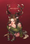  1girl antlers bare_shoulders brown_eyes brown_hair crying deer_ears full_body green_sweater highres leg_hug long_hair majo merry_christmas personification red_background red_nose rudolph_the_red_nosed_reindeer sitting solo striped striped_legwear very_long_hair 