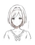  1girl bangs blouse blush collarbone djeeta_(granblue_fantasy) eyebrows_visible_through_hair granblue_fantasy greyscale hairband looking_at_viewer monochrome parted_lips saboten short_hair sidelocks simple_background solo sweatdrop upper_body white_background 