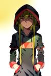  1girl c.c. code_geass collarbone eyebrows_visible_through_hair fringe green_hair hands_in_pockets hood hoodie long_hair looking_at_viewer meimi_k shaded_face simple_background upper_body white_background yellow_background yellow_eyes 