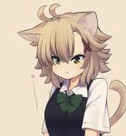  &gt;:t 1girl :t animal_ears arms_at_sides bangs beige_background blouse blush brown_hair cat_ears cat_tail closed_mouth eyebrows_visible_through_hair green_eyes hair_between_eyes hair_ornament jitome natsuki_teru nekomiya_ryuu original pout school_uniform short_hair short_sleeves simple_background solo sweater_vest tail upper_body white_blouse x_hair_ornament 