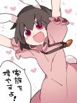  1girl animal_ears arms_up black_hair blush_stickers bunny_tail carrot commentary_request dress hammer_(sunset_beach) heart inaba_tewi jewelry necklace open_mouth pink_dress rabbit_ears red_eyes short_hair smile solo tail touhou translation_request 