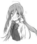  10s 1girl arms_at_sides bangs blush cropped_torso eyebrows_visible_through_hair greyscale grin hair_between_eyes kantai_collection kiyoshimo_(kantai_collection) long_hair long_sleeves looking_at_viewer low_twintails monochrome parted_lips saboten simple_background smile solo teeth twintails uniform upper_body 