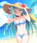  1girl aqua_hair beach bikini blue_bikini blush breasts cleavage fate/grand_order fate_(series) hat hlz horns kiyohime_(fate/grand_order) large_breasts long_hair looking_at_viewer navel ocean shore smile solo standing swimsuit yellow_eyes 