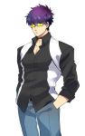  1boy absurdres black_shirt closed_mouth cowboy_shot denim ear_piercing ebippoid glasses hands_in_pockets highres jeans male_focus opaque_glasses open_collar original pants pectorals piercing purple_hair shirt short_hair simple_background solo sunglasses white_background 