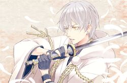  1boy blue_gloves feathers gloves habuki holding holding_sword holding_weapon hood japanese_clothes male_focus parted_lips partly_fingerless_gloves pom_pom_(clothes) solo sword touken_ranbu tsurumaru_kuninaga upper_body weapon white_hair yellow_eyes 