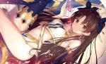  1girl asymmetrical_legwear asymmetrical_sleeves bare_shoulders breasts brown_hair closed_mouth crown earrings fate/grand_order fate_(series) glint glowing hair_ribbon head_tilt heavenly_boat_maanna hoop_earrings ishtar_(fate/grand_order) jewelry knee_up long_hair looking_at_viewer medium_breasts navel navy_blue_legwear necomi_(gussan) pelvic_curtain red_eyes ribbon single_thighhigh smile thigh-highs thighs tohsaka_rin two_side_up 