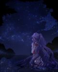  1girl back curly_hair gloves long_hair night night_sky ponytail praying purple_hair renee_(tear_ring_saga) sjkjk55 sky solo sparkle star_(sky) tear_ring_saga tree upper_body very_long_hair water 