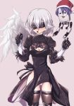  1girl :3 benizuwai black_dress black_gloves black_legwear blindfold braid breasts cleavage cleavage_cutout commentary_request cosplay crossover doremy_sweet dress feathered_wings french_braid gloves gluteal_fold hat kishin_sagume long_sleeves nier_(series) nier_automata nightcap open_mouth pod_(nier_automata) simple_background single_wing thigh-highs touhou white_wings wings yorha_no._2_type_b yorha_no._2_type_b_(cosplay) 