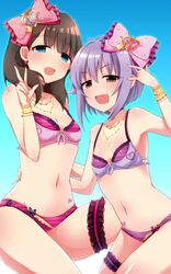  2girls bikini blue_eyes blush bow breasts brown_hair fang garters hair_bow hair_ornament hairband hairclip hana_(tmtmrgrgtrg) highres idolmaster idolmaster_cinderella_girls jewelry koshimizu_sachiko looking_at_viewer medium_breasts multiple_girls necklace open_mouth purple_hair sakuma_mayu short_hair smile swimsuit 