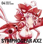  1girl ahoge aiming album_cover bare_shoulders breasts cleavage cover dual_wielding elbow_gloves eyebrows_visible_through_hair gloves gun hair_between_eyes handgun headgear highres holding holding_weapon large_breasts lavender_hair leotard long_hair looking_at_viewer official_art parted_lips pistol red_gloves senki_zesshou_symphogear solo twintails very_long_hair violet_eyes weapon yukine_chris 