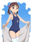  1girl ahoge bare_shoulders blue_swimsuit breasts brown_eyes brown_hair collarbone commentary covered_navel cowboy_shot eyebrows_visible_through_hair hair_ribbon long_hair looking_at_viewer original ribbon school_swimsuit small_breasts smile solo suikasan swimsuit thigh-highs towel twintails whistle white_legwear 