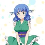  1girl blue_eyes blue_hair cato_(monocatienus) collarbone commentary_request drill_hair eyebrows_visible_through_hair green_kimono head_fins japanese_clothes kimono long_hair looking_at_viewer obi sash simple_background sleeveless sleeveless_kimono smile solo touhou upper_body wakasagihime 