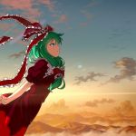  1girl blew_andwhite bow clouds dress flying frilled_ribbon frills from_side front_ponytail green_eyes green_hair hair_bow hair_ribbon highres kagiyama_hina light_smile long_dress long_hair mountain puffy_short_sleeves puffy_sleeves red_dress red_ribbon ribbon short_sleeves sky solo sunlight touhou twilight 