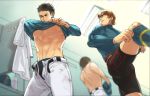  3boys ace_of_diamond baseball_uniform beard black_hair brown_hair facial_hair from_below isashiki_jun locker_room long_sleeves maji_(m) male_focus multiple_boys short_hair sportswear toned toned_male unbuckled_belt undershirt undressing yuuki_tetsuya 