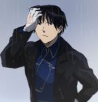 1boy annoyed black_eyes black_hair coat frown fullmetal_alchemist gloves grey_background hand_on_own_head looking_away lowres rain riru roy_mustang shaded_face simple_background solo uniform water_drop wet wet_clothes wet_hair 
