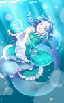 1girl :d air_bubble blue_eyes blue_hair breasts bubble commentary_request curly_hair dress fingernails fingers_together floating_hair frilled_kimono frills green_dress green_hair head_fins highres japanese_clothes kimono light_rays long_sleeves looking_at_viewer medium_breasts mermaid midorino_eni monster_girl open_mouth print_dress print_kimono short_hair smile solo sunlight touhou underwater wakasagihime water wide_sleeves 