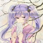  1girl branch detached_sleeves holding_letter minazuki_isami oshiro_project oshiro_project_re purple_hair solo taga_(oshiro_project) twintails yellow_eyes 