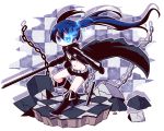  1girl black_boots black_hair black_rock_shooter black_rock_shooter_(character) blue_eyes boots chibi eyebrows_visible_through_hair high_heel_boots high_heels highres holding holding_sword holding_weapon knee_boots long_hair looking_at_viewer naga_u solo sword twintails weapon 