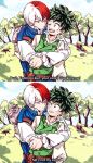  ! 2boys belt blush boku_no_hero_academia clouds collared_shirt commentary_request day english freckles gloves grass green_hair hug hug_from_behind long_sleeves looking_at_another meme midoriya_izuku multicolored_hair multiple_boys outdoors pants redhead reiquil shirt sideburns sky smile split_screen surprised sweatdrop text todoroki_shouto tree two-tone_hair upper_body vest white_hair wide-eyed 