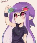  1girl apple_hair_ornament arm_up artist_name bangs black_shirt blunt_bangs conomi-c5 domino_mask eyebrows_visible_through_hair food_themed_hair_ornament hair_ornament holding inkling long_hair mask parted_lips pointy_ears purple_hair shirt solo splatoon squid standing t-shirt tentacle_hair upper_body violet_eyes wristband 