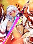  1girl altera_(fate) bangs bare_shoulders breasts chao_wu_xing_xian dark_skin detached_sleeves fate/extella fate/extra fate/grand_order fate_(series) highres long_hair looking_at_viewer midriff navel red_eyes short_hair small_breasts smile solo sword tattoo veil weapon white_hair 