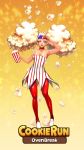  1girl :o absurdres adjusting_glasses bare_shoulders blonde_hair choker collarbone cookie_run copyright_name dress food full_body glasses glasses_on_head gradient gradient_background highres holding_drink long_hair looking_at_viewer majo orange_background popcorn popcorn_cookie red_eyes red_legwear shoes striped striped_dress sunglasses white_shoes yellow_background 