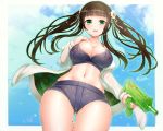  1girl breasts brown_hair cleavage collarbone doyouwantto gochuumon_wa_usagi_desu_ka? green_eyes gun hips imi_uzi large_breasts long_hair looking_at_viewer navel raised_eyebrows skindentation smile solo submachine_gun thighs twintails ujimatsu_chiya water_gun weapon wide_hips 