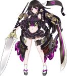  1girl artist_request bare_shoulders black_hair blush breasts detached_sleeves frilled_skirt frilled_sleeves frills full_body holding holding_spear holding_weapon large_breasts long_hair midriff miniskirt navel official_art oshiro_project oshiro_project_re polearm sawayama_(oshiro_project) skirt solo spear standing transparent_background very_long_hair violet_eyes weapon 