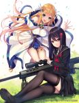  2girls :d anti-materiel_rifle aqua_eyes bare_shoulders barrett_m82 black_hair black_legwear black_serafuku black_shoes black_skirt blonde_hair blue_eyes blue_skirt breasts brown_eyes fantasy fukai_ryousuke grass gun hair_ornament hand_up highres kachikomi_kaketara_isekai_deshita leaning_forward loafers long_hair long_sleeves medium_breasts multiple_girls neckerchief novel_illustration official_art open_mouth outdoors pleated_skirt red_neckerchief rifle school_uniform serafuku shoes sidelocks sitting skirt smile sniper_rifle teeth thigh-highs thigh_strap thighs weapon 