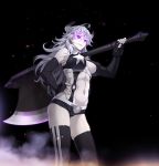  1girl abs axe black_gloves bright_pupils carrying_over_shoulder elbow_gloves fingerless_gloves gloria_the_witch gloves glowing glowing_eyes greyscale grin hamashima_shigeo horns huge_weapon long_hair maggot_baits monochrome o-ring official_art silver_hair smile solo star star_print thigh-highs violet_eyes weapon 