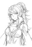  1girl breasts chiki coat fatuus fire_emblem fire_emblem:_kakusei fire_emblem:_mystery_of_the_emblem fire_emblem_heroes hair_ornament highres jewelry long_hair monochrome pointy_ears smile solo white_background 