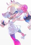 1girl :d crown domino_mask dress fang fingerless_gloves full_body gloves looking_at_viewer looking_back mask multicolored_hair open_mouth outstretched_arm pearl_(splatoon) pink_hair pink_legwear short_eyebrows simple_background smile solo splatoon splatoon_2 symbol-shaped_pupils teeth tentacle_hair two-tone_hair wadanaka_(mazurka) white_background white_hair yellow_eyes zipper