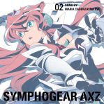  1girl album_cover artist_request bare_shoulders bodysuit breasts cover elbow_gloves gauntlets gloves headgear highres holding holding_weapon large_breasts long_hair looking_to_the_side maria_cadenzavna_eve official_art open_mouth pink_hair senki_zesshou_symphogear short_hair solo sword teeth weapon whip_sword 