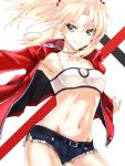  1girl armpits bandeau belt blonde_hair blush braid breasts cowboy_shot cutoffs eyebrows_visible_through_hair fate/apocrypha fate_(series) green_eyes grin highres jacket jewelry leather leather_jacket long_hair looking_at_viewer navel necklace ponytail red_jacket saber_of_red short_shorts shorts silve small_breasts smile solo teeth 