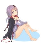  1girl :o animal_hood arm_warmers bare_legs barefoot bunny_hood dress feet from_side full_body hair_ornament highres hood hood_down hooded_jacket jacket knees_up looking_at_viewer oweee parted_lips purple_dress purple_hair short_dress simple_background sitting solo twintails violet_eyes vocaloid voiceroid white_background yuzuki_yukari 