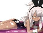  1girl animal_ears ass bunny_girl bunny_tail bunnysuit chloe_von_einzbern closed_mouth dark_skin detached_collar eyebrows_visible_through_hair fake_animal_ears fate/kaleid_liner_prisma_illya fate_(series) from_side grey_hair hair_between_eyes hairband highres leotard long_hair looking_at_viewer lying on_stomach one_side_up rabbit_ears shimejinameko shiny shiny_skin smile solo tail wrist_cuffs yellow_eyes 