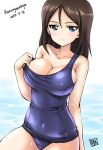  1girl artist_name bare_shoulders blue_eyes blush breasts brown_hair cleavage collarbone covered_navel dated girls_und_panzer hair_between_eyes kamogawa_tanuki large_breasts long_hair nonna one-piece_swimsuit school_swimsuit shiny shiny_hair signature smile solo strap_slip swimsuit water wet 