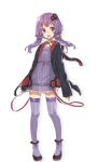  1girl :d animal_hood arms_at_sides bangs blue_eyes bunny_hood dress fang full_body hair_ornament highres hood hood_down hooded_jacket jacket long_sleeves looking_at_viewer open_mouth oweee purple_dress purple_hair purple_legwear shoes short_dress short_hair_with_long_locks sidelocks simple_background smile solo standing thigh-highs vocaloid voiceroid white_background yuzuki_yukari 