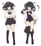  1girl ahoge bangs black_hair black_legwear black_skirt blouse breasts closed_mouth dakimakura eyebrows_visible_through_hair hair_between_eyes hairband hairband_removed kneehighs looking_at_viewer lying multiple_views natsuki_teru on_back open_clothes original pleated_skirt school_swimsuit shikibe_ayaka short_hair_with_long_locks short_sleeves sidelocks skirt skirt_around_one_leg small_breasts swimsuit white_blouse 