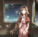  1girl aerith_gainsborough bangs bracelet braid brown_hair cropped_jacket dress final_fantasy final_fantasy_vii fireworks green_eyes jewelry long_hair looking_at_viewer mare_(pixiv) parted_bangs pink_dress sitting solo 