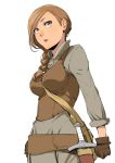  1girl bag belt between_breasts braid brown_eyes brown_hair character_request enami_katsumi gloves isekai_shokudou knife solo vest white_background 