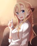  1girl black_ribbon blonde_hair blue_eyes braid chess_piece couch dress_shirt hair_ribbon high_school_fleet highres kapatarou king_(chess) long_hair looking_at_viewer open_mouth ribbon shirt single_braid solo upper_body white_shirt wilhelmina_braunschweig_ingenohl_friedeburg 