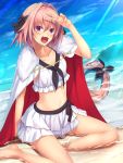  1boy beach bikini braid cape fang fate/apocrypha fate/grand_order fate_(series) frilled_bikini frills fur_trim hair_ribbon highres long_hair male_focus navel open_mouth pink_hair ribbon rider_of_black sand single_braid sitting smile solo swimsuit takayama_shirane trap two_piece v very_long_hair violet_eyes water 