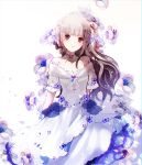  1girl bangs bare_shoulders blunt_bangs breasts cleavage closed_mouth collarbone commentary_request cowboy_shot dress floral_background flower highres long_hair looking_at_viewer original small_breasts smile solo standing violet_eyes white_background white_dress yuzuyomogi 